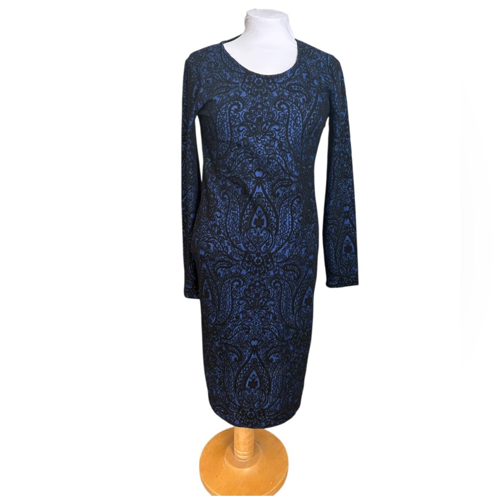 Vero Moda Blue Black Baroque Print Bodycon Dress Long Sleeve Size L